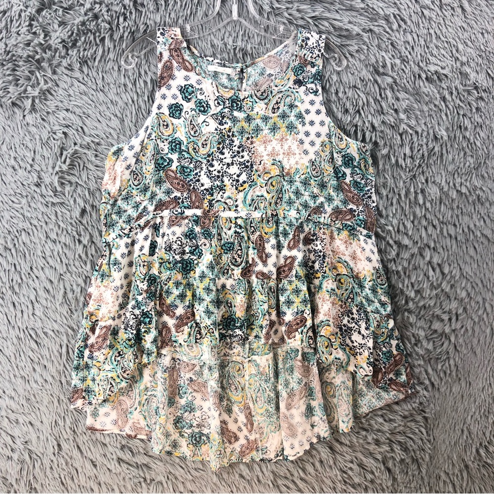 Maurices Top Womens XXL Paisley Sleeveless Hi Low Ruffle Hem Keyhole Shirt